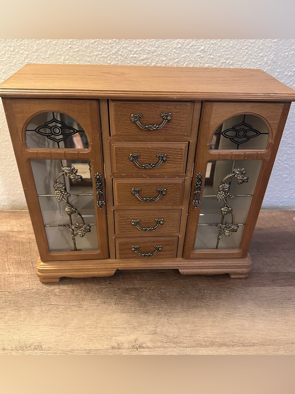 Wooden Jewelry Box with Decorative Glass Doors and Metal Accents 13”Tall 15 Wide